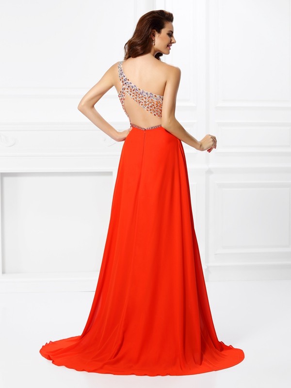 A-Line/Princess One-Shoulder Beading Sleeveless Long Chiffon Dresses 3838