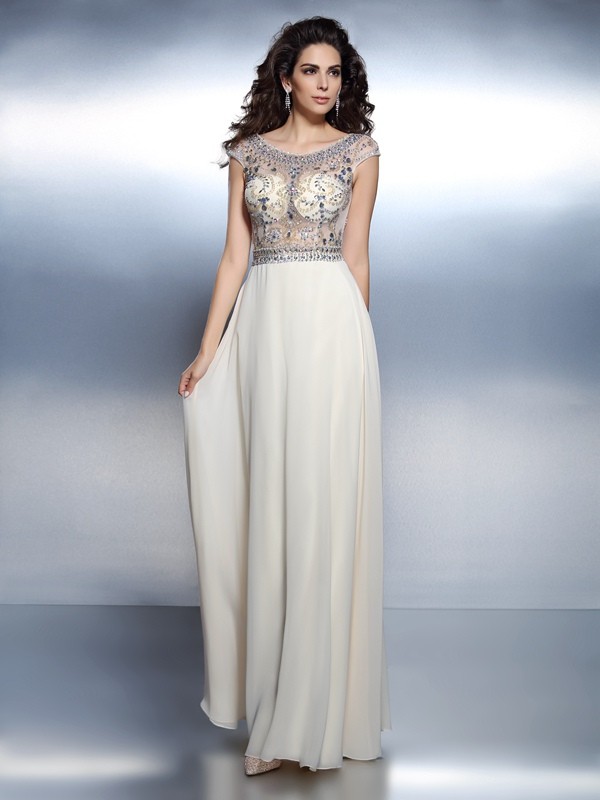 A-Line/Princess Bateau Beading Short Sleeves Long Chiffon Dresses 3365