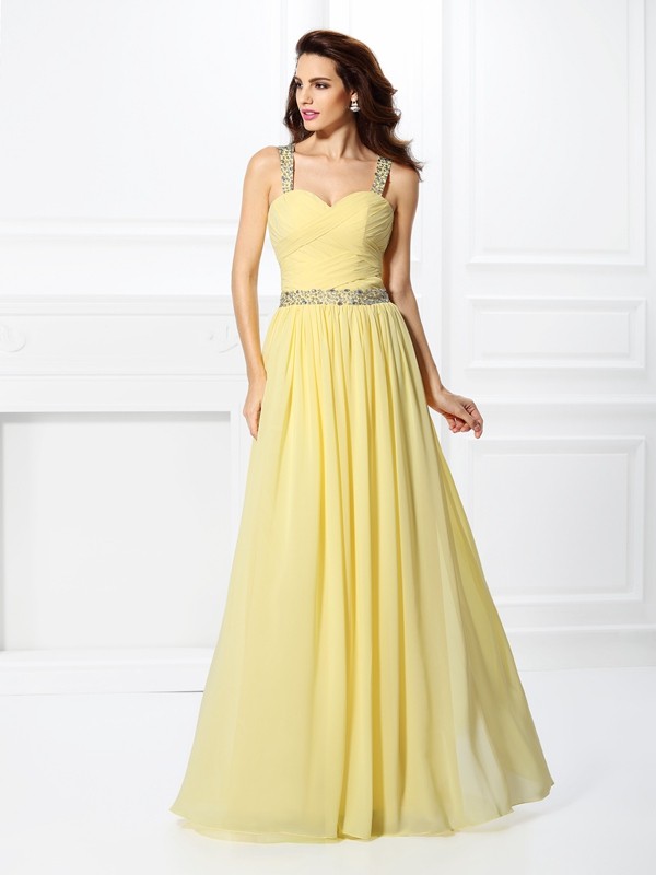 A-Line/Princess Sweetheart Beading Sleeveless Long Chiffon Dresses 4913