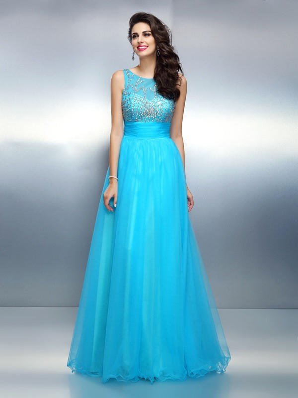 A-Line/Princess Bateau Beading Sleeveless Long Elastic Woven Satin Dresses 3374