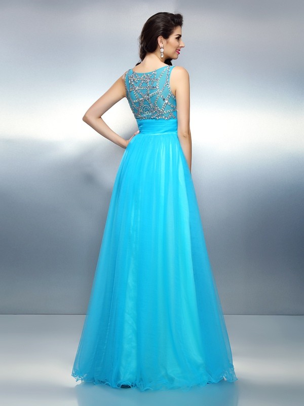 A-Line/Princess Bateau Beading Sleeveless Long Elastic Woven Satin Dresses 3374