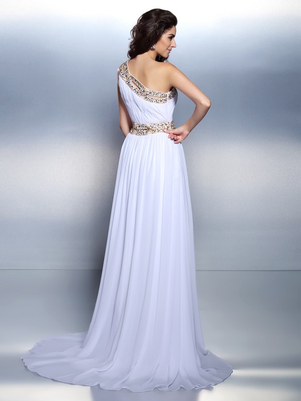 A-Line/Princess One-Shoulder Beading Sleeveless Long Chiffon Dresses 3839