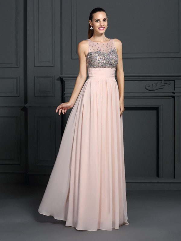 A-Line/Princess Bateau Beading Sleeveless Long Chiffon Dresses 3369