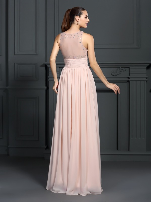 A-Line/Princess Bateau Beading Sleeveless Long Chiffon Dresses 3369