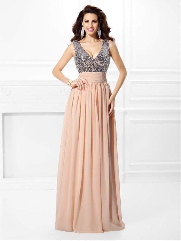 A-Line/Princess V-neck Paillette Sleeveless Long Chiffon Dresses 5476