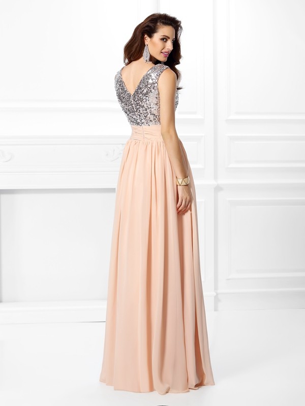 A-Line/Princess V-neck Paillette Sleeveless Long Chiffon Dresses 5476