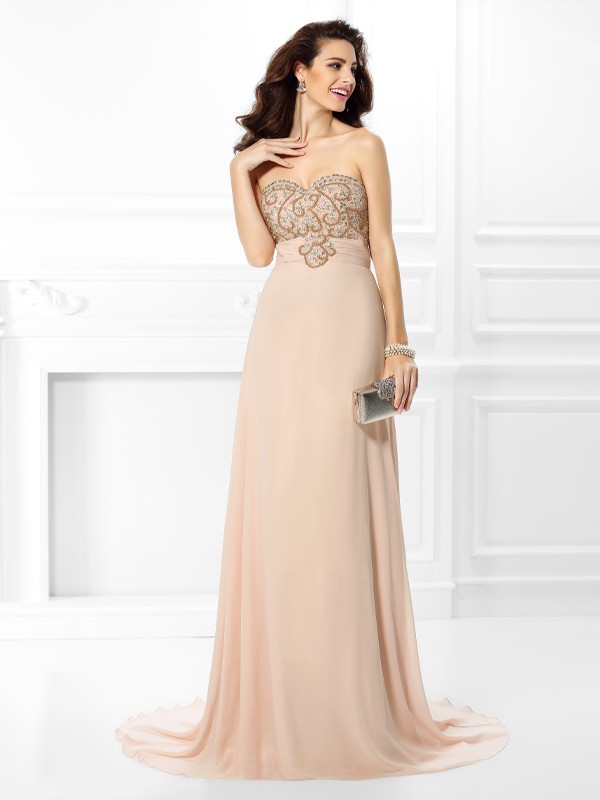 A-Line/Princess Sweetheart Beading Sleeveless Long Chiffon Dresses 4914