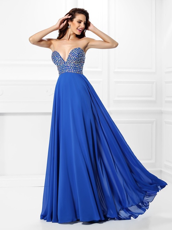 A-Line/Princess V-neck Beading Sleeveless Long Chiffon Dresses 5434