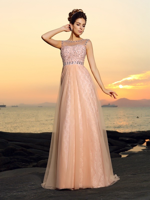 A-Line/Princess Bateau Lace Sleeveless Long Chiffon Dresses 3378