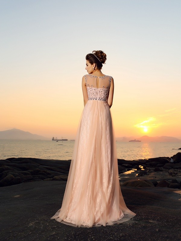 A-Line/Princess Bateau Lace Sleeveless Long Chiffon Dresses 3378