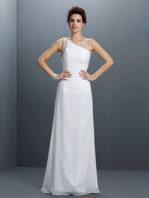 Sheath/Column One-Shoulder Beading Sleeveless Long Chiffon Dresses 6156