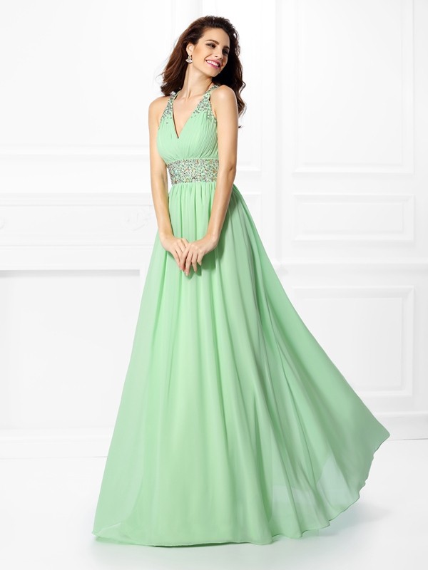 A-Line/Princess V-neck Beading Sleeveless Long Chiffon Dresses 5435