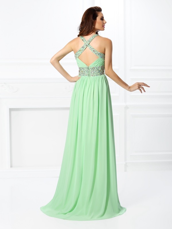 A-Line/Princess V-neck Beading Sleeveless Long Chiffon Dresses 5435