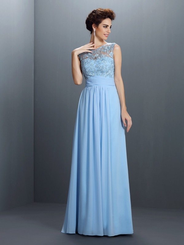 A-Line/Princess Bateau Applique Sleeveless Long Chiffon Dresses 3359