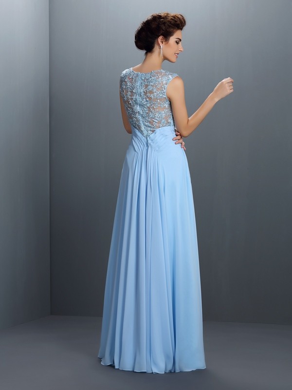 A-Line/Princess Bateau Applique Sleeveless Long Chiffon Dresses 3359