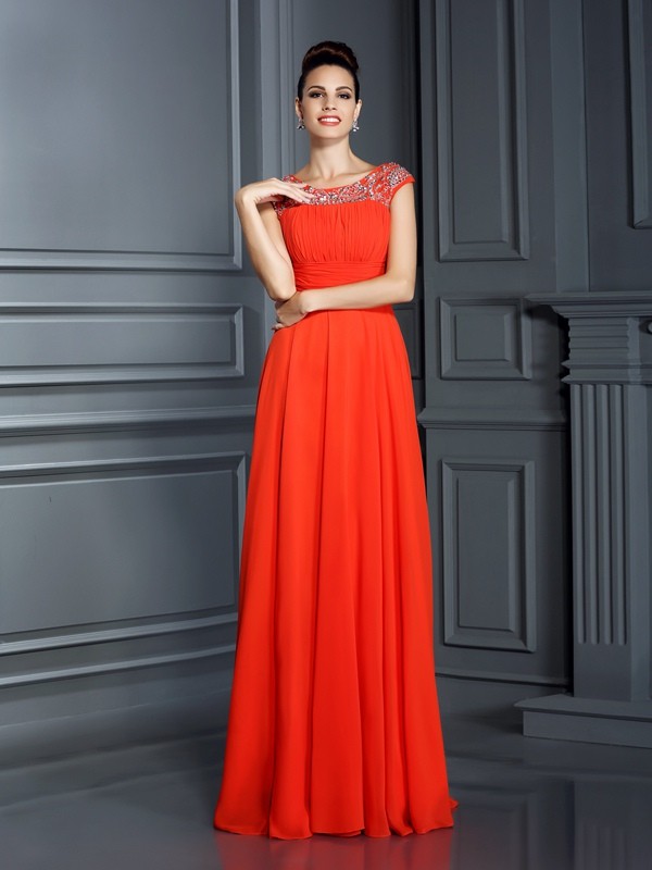 A-Line/Princess Bateau Beading Sleeveless Long Chiffon Dresses 3370