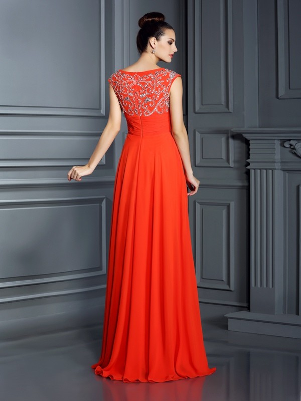 A-Line/Princess Bateau Beading Sleeveless Long Chiffon Dresses 3370