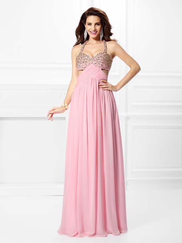 A-Line/Princess Straps Beading Sleeveless Long Chiffon Dresses 4809