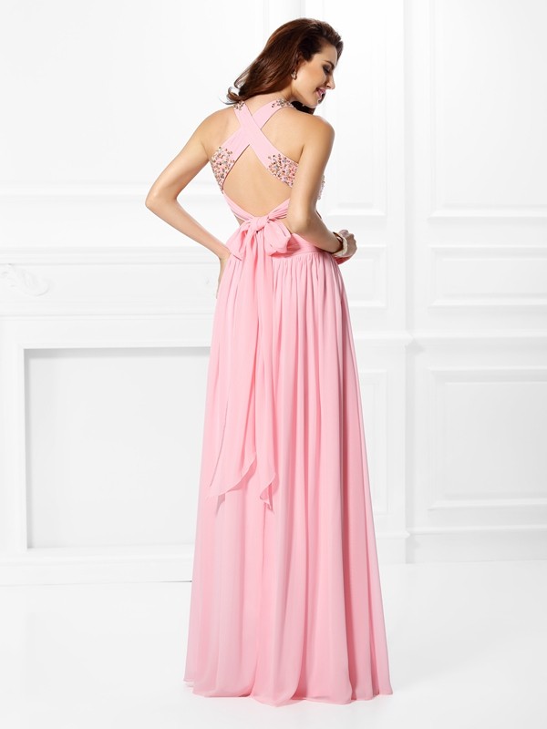 A-Line/Princess Straps Beading Sleeveless Long Chiffon Dresses 4809