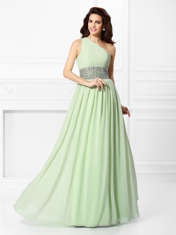 A-Line/Princess One-Shoulder Beading Sleeveless Long Chiffon Dresses 3840