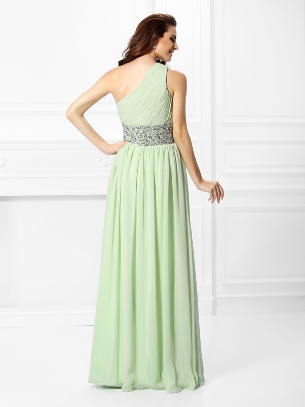 A-Line/Princess One-Shoulder Beading Sleeveless Long Chiffon Dresses 3840