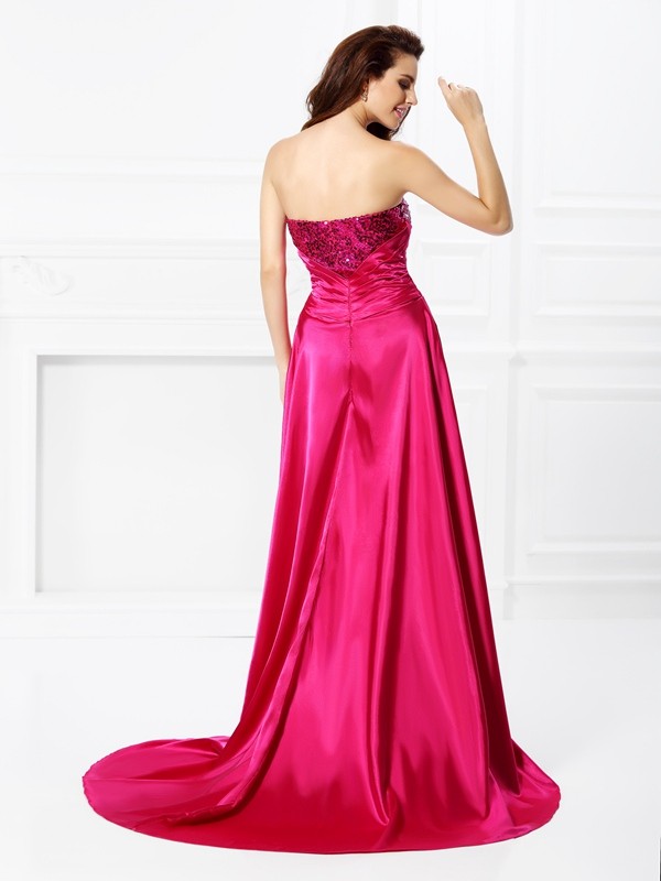 A-Line/Princess Sweetheart Beading Sleeveless High Low Elastic Woven Satin Dresses 4911