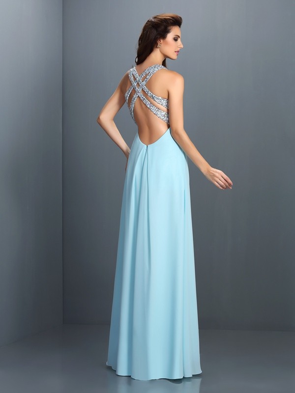 A-Line/Princess Straps Beading Sleeveless Long Chiffon Dresses 4810