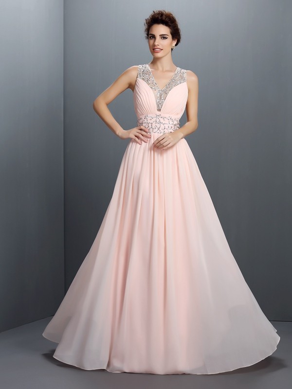 A-Line/Princess V-neck Beading Sleeveless Long Chiffon Dresses 5436