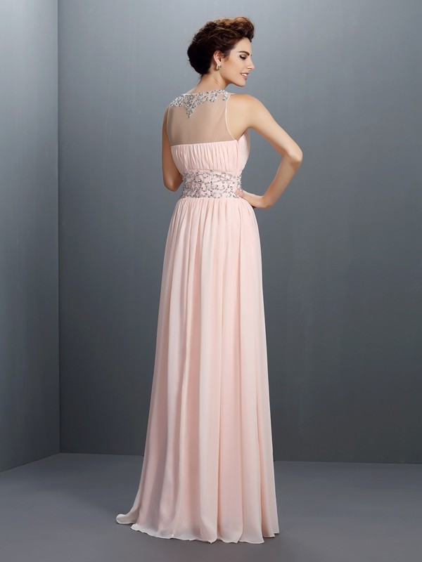 A-Line/Princess V-neck Beading Sleeveless Long Chiffon Dresses 5436