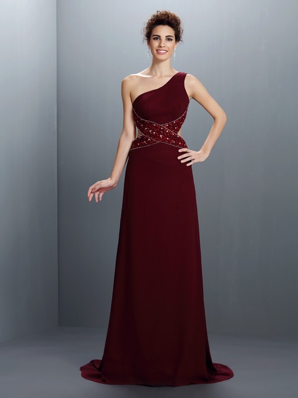 A-Line/Princess One-Shoulder Beading Sleeveless Long Chiffon Dresses 3841