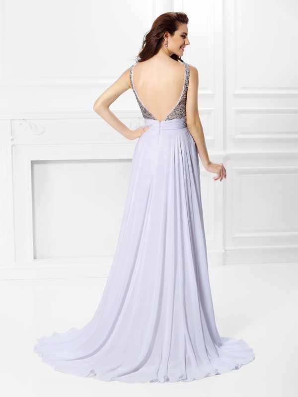 A-Line/Princess Straps Pleats Beading Sleeveless Long Chiffon Dresses 4828