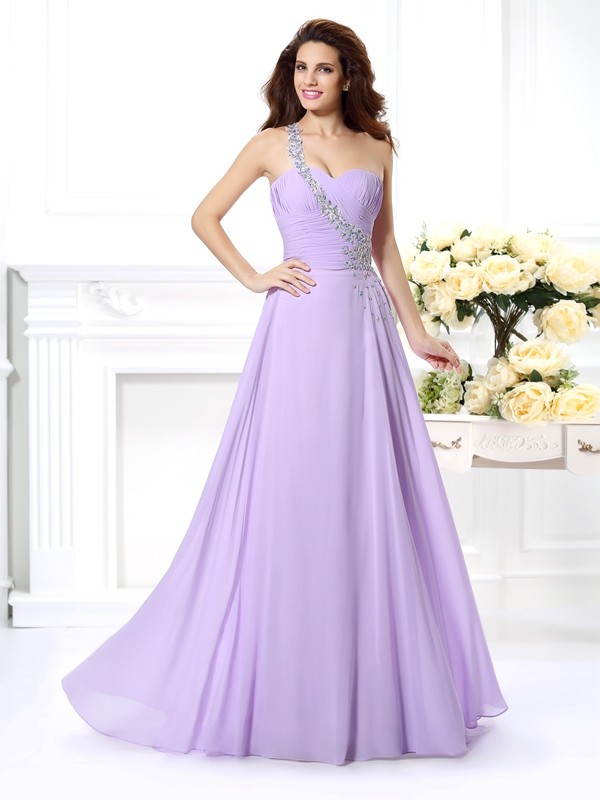 A-Line/Princess One-Shoulder Beading Sleeveless Long Chiffon Dresses 3842