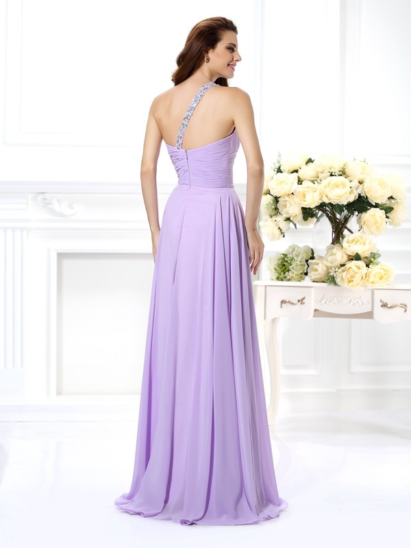 A-Line/Princess One-Shoulder Beading Sleeveless Long Chiffon Dresses 3842