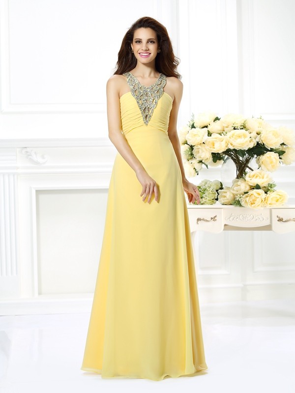 A-Line/Princess V-neck Beading Sleeveless Long Chiffon Dresses 5437