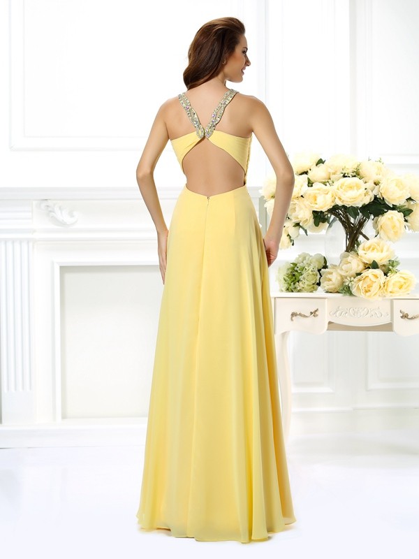 A-Line/Princess V-neck Beading Sleeveless Long Chiffon Dresses 5437