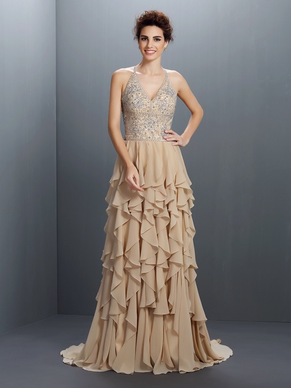 A-Line/Princess V-neck Beading Sleeveless Long Chiffon Dresses 5438