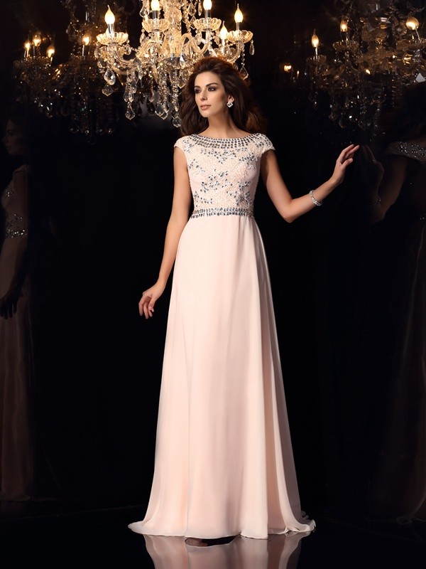 A-Line/Princess Bateau Beading Short Sleeves Long Chiffon Dresses 3366