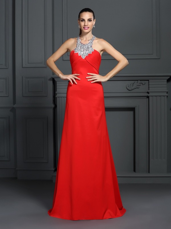 A-Line/Princess High Neck Beading Sleeveless Long Elastic Woven Satin Dresses 3625