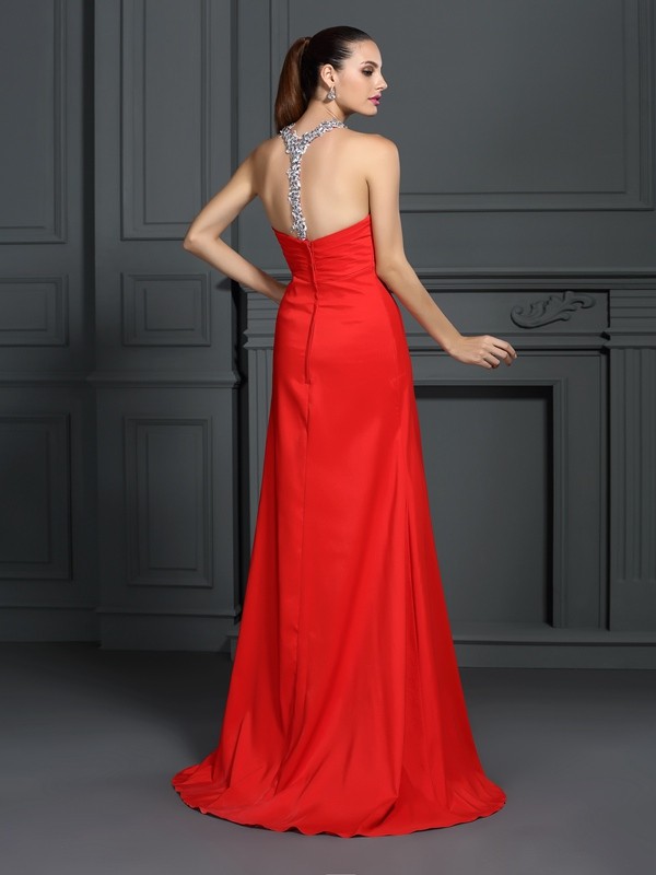 A-Line/Princess High Neck Beading Sleeveless Long Elastic Woven Satin Dresses 3625