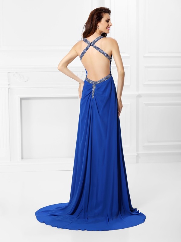 A-Line/Princess V-neck Beading Sleeveless Long Chiffon Dresses 5439