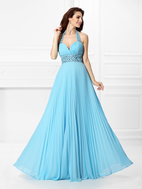 A-Line/Princess Halter Rhinestone Sleeveless Long Chiffon Dresses 3577