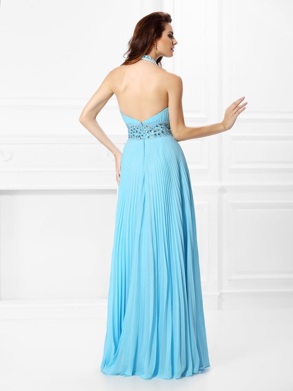 A-Line/Princess Halter Rhinestone Sleeveless Long Chiffon Dresses 3577