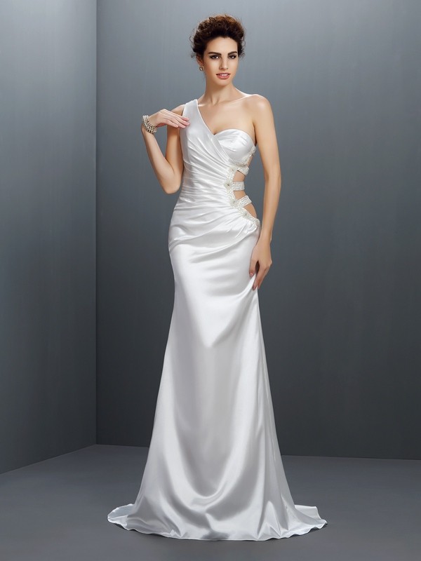 Trumpet/Mermaid One-Shoulder Beading Sleeveless Long Elastic Woven Satin Dresses 7170