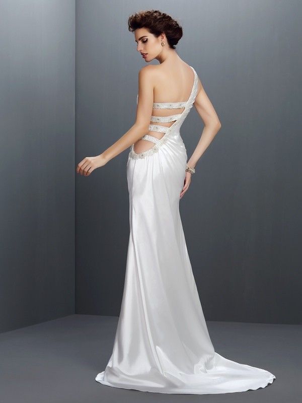 Trumpet/Mermaid One-Shoulder Beading Sleeveless Long Elastic Woven Satin Dresses 7170