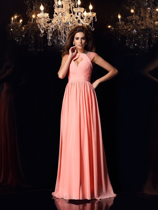 A-Line/Princess Scoop Beading Sleeveless Long Chiffon Dresses 4286