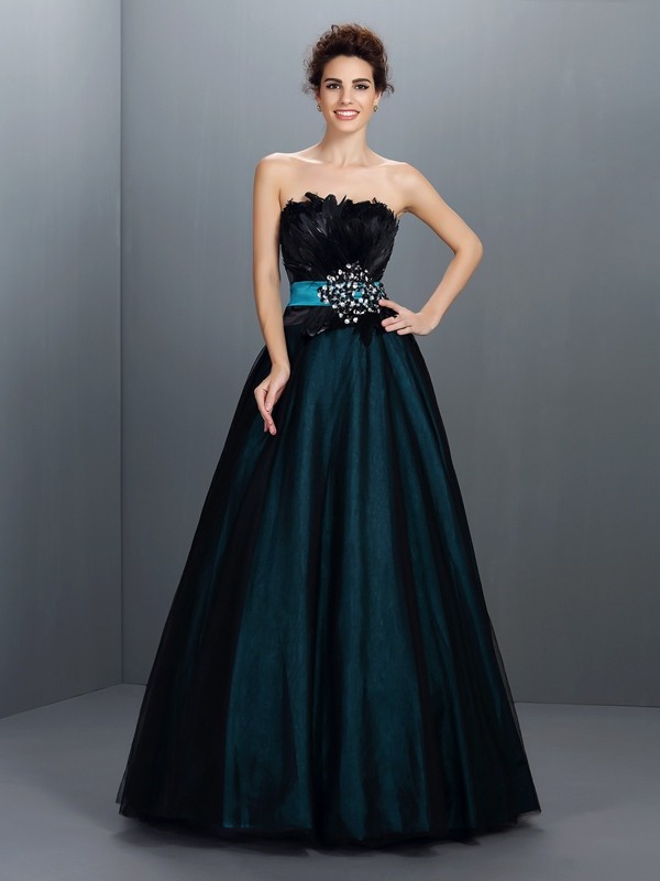 Ball Gown Strapless Feathers/Fur Sleeveless Long Elastic Woven Satin Quinceanera Dresses 5744