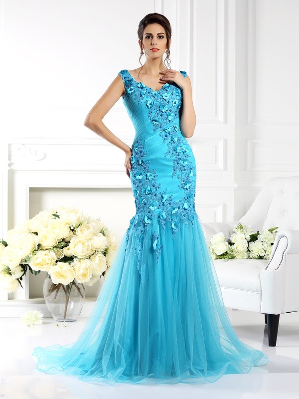 Trumpet/Mermaid Straps Applique Sleeveless Long Silk like Satin Dresses 7435