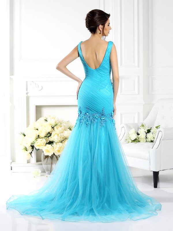 Trumpet/Mermaid Straps Applique Sleeveless Long Silk like Satin Dresses 7435