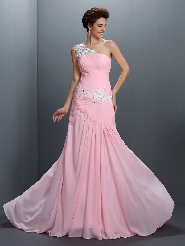 A-Line/Princess One-Shoulder Beading Sleeveless Applique Long Chiffon Dresses 3834