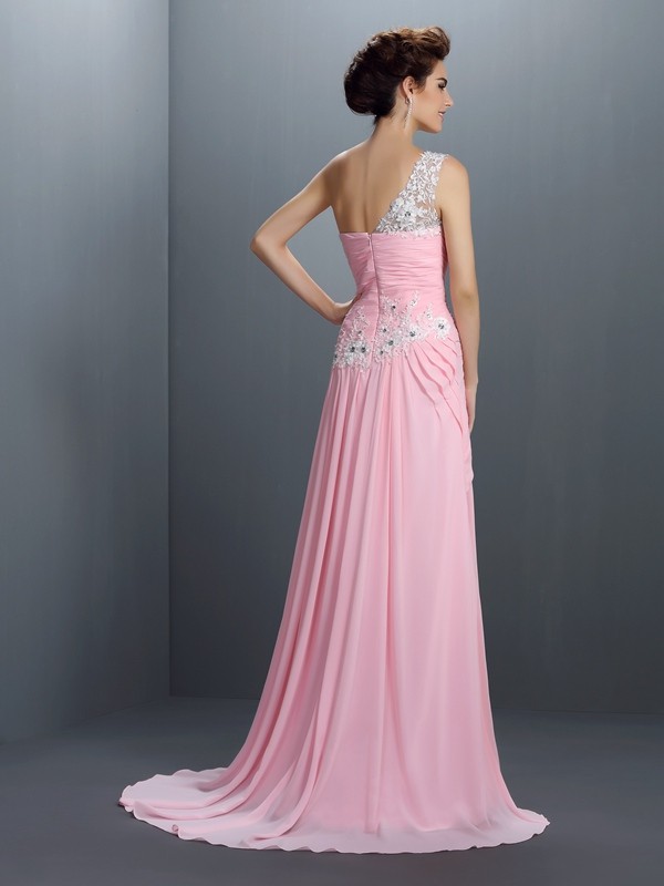 A-Line/Princess One-Shoulder Beading Sleeveless Applique Long Chiffon Dresses 3834